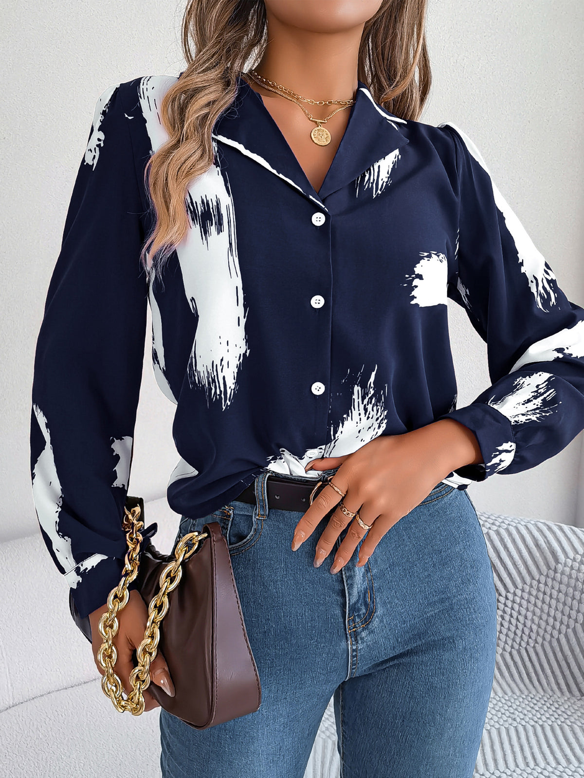 Women's Elegant Contrast Color Striped Collar Long Lace Shirt, Chiffon Shirt