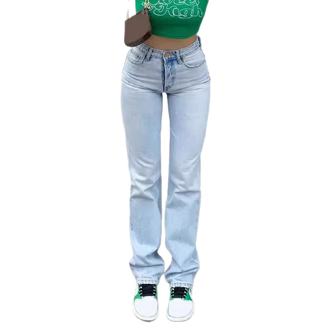 Trendy Women's High Waist Elastic Straight Jeans