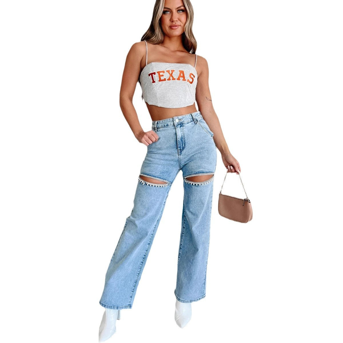 Women's Chain Ripped Straight Washed Fashion High Women's Jeans