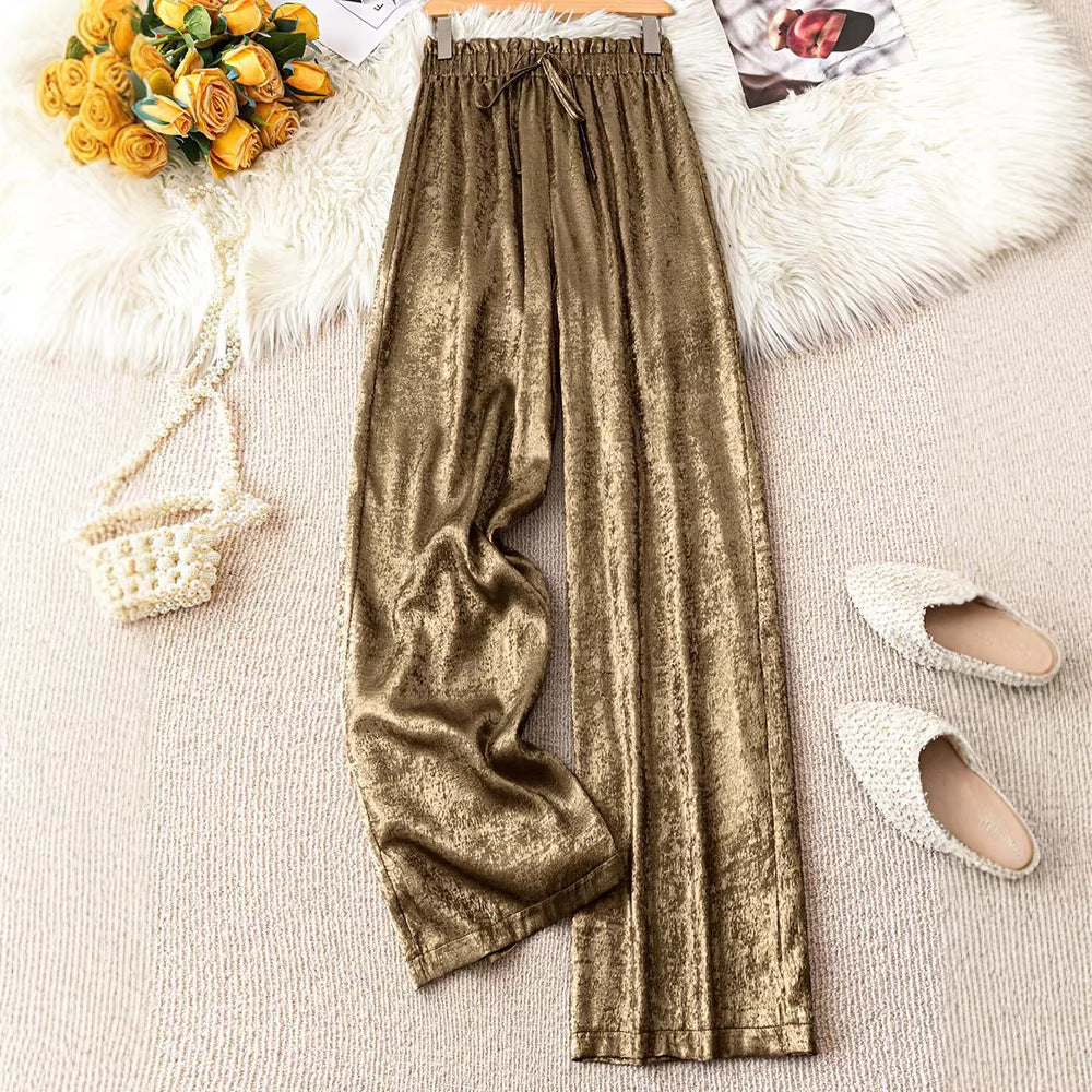 Women's Elastic Waist Golden Pleated Baggy Straight Pants