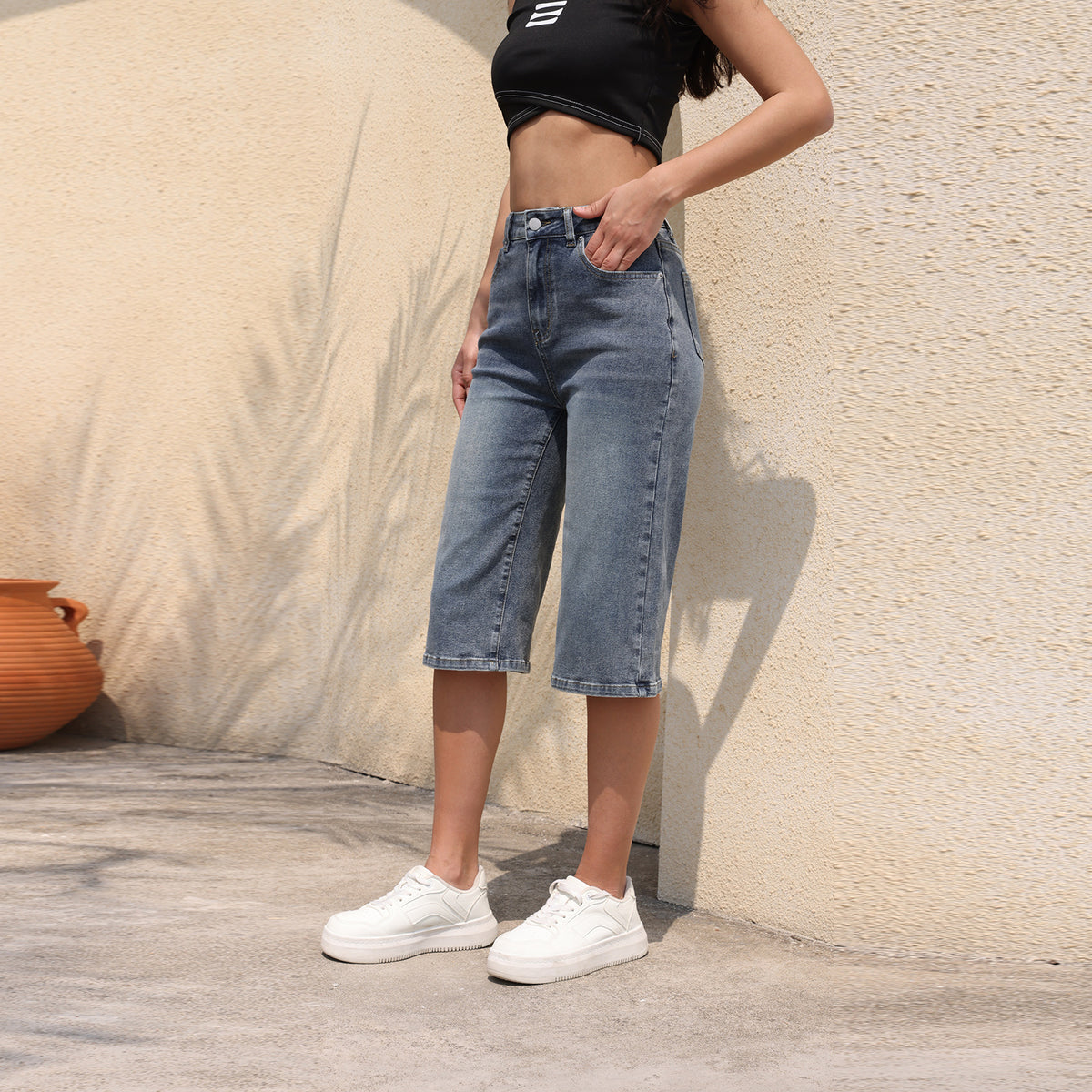 Women's Mid-length Breathable Knee Length Elastic High Waist Tide Stretch Women's Jeans