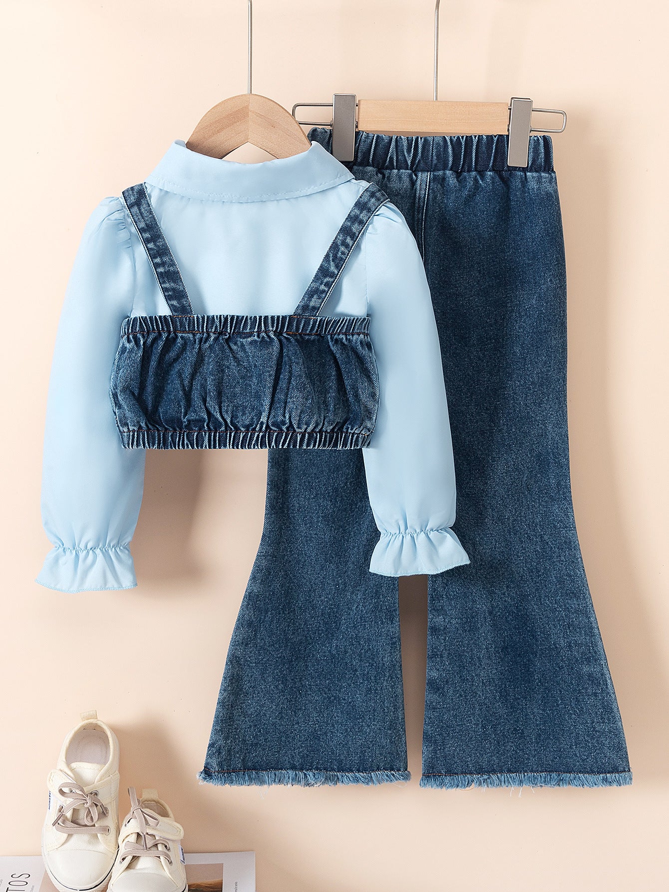 Autumn Lapel Shirt Denim Vest Bead Bell-bottom Pants Children's Suit