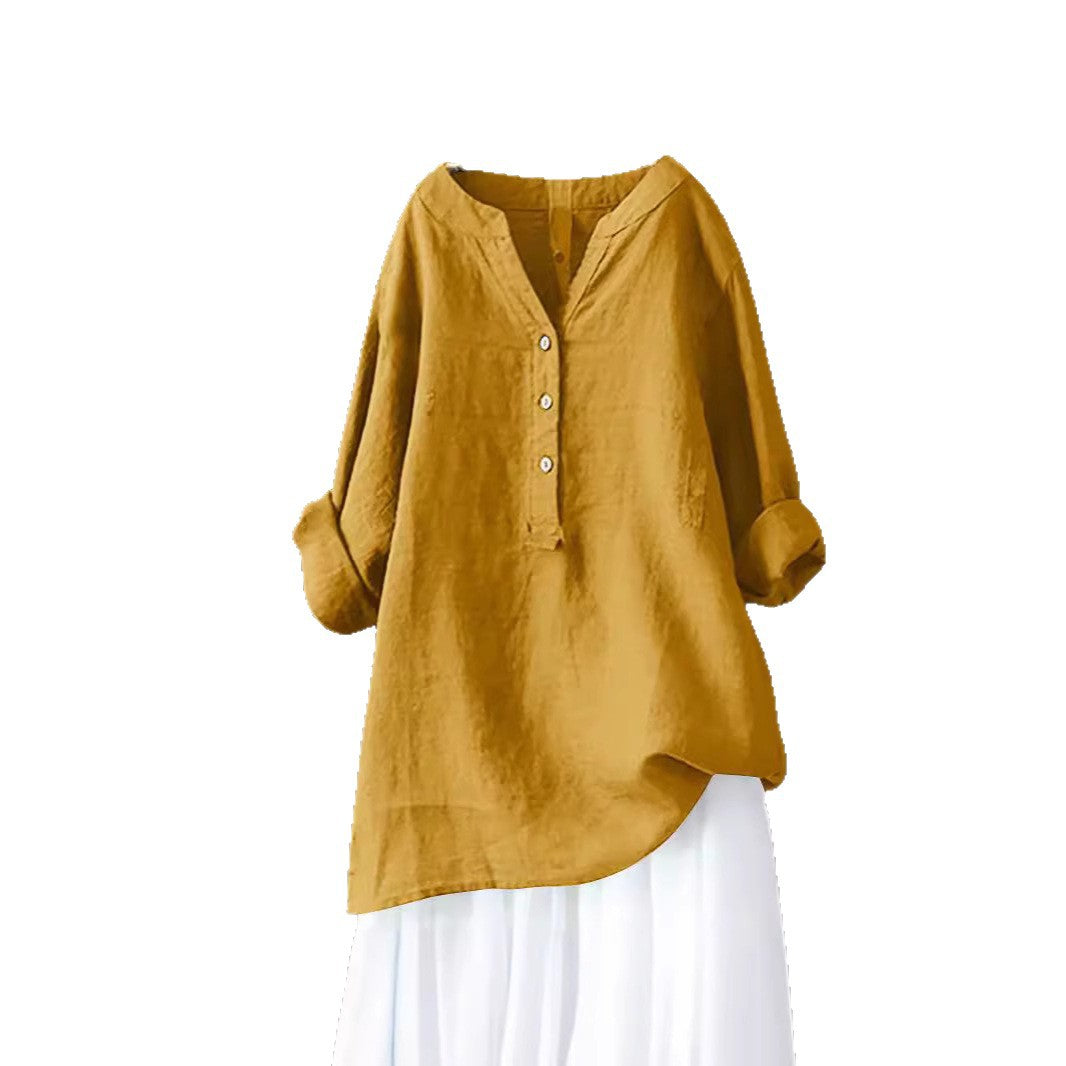 Women's Loose Solid Color Shirt Cotton Linen Pocket Long Blouse