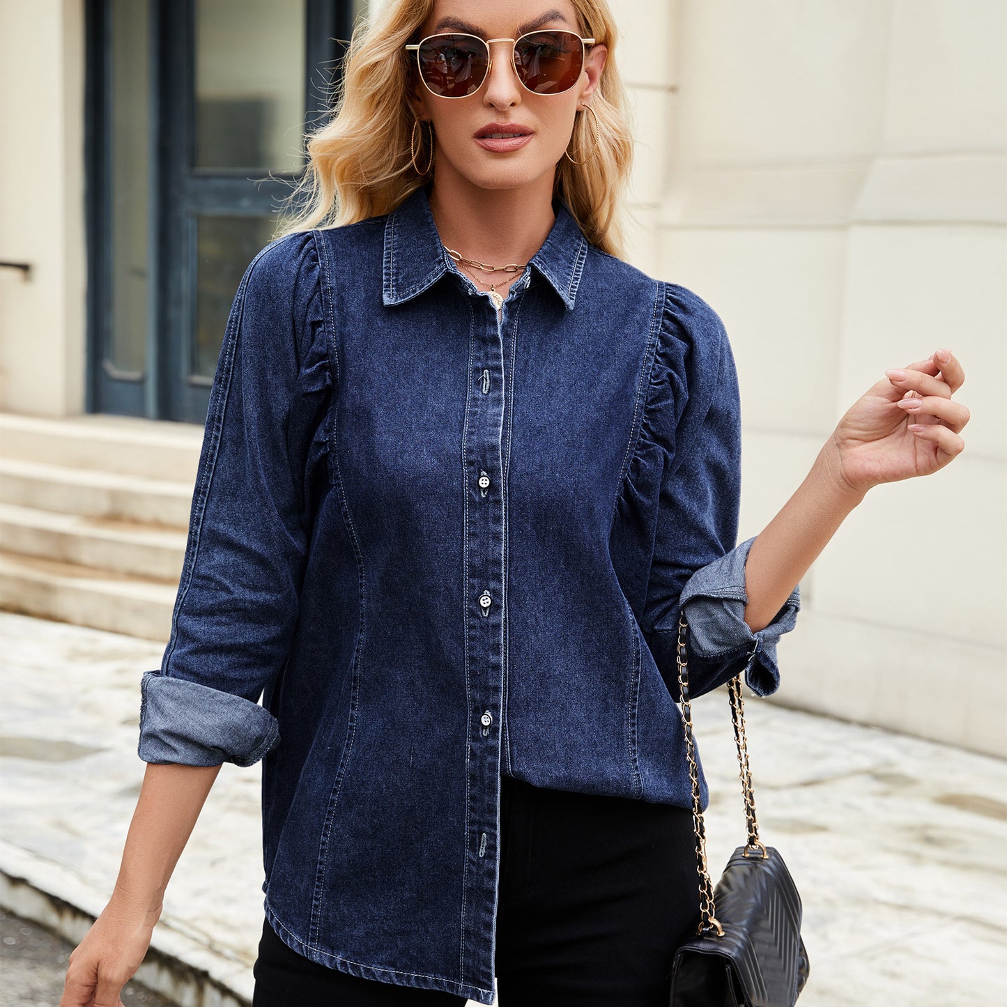 Women's Washed Shrug Denim Long Sleeve Shirt Tops