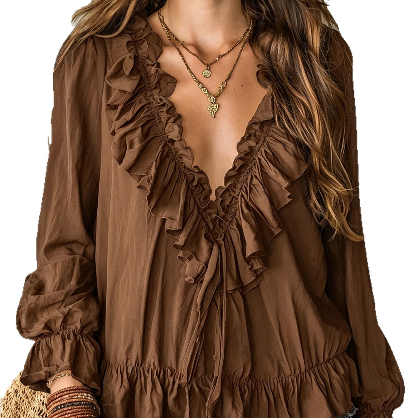 Women's Autumn Fashion Loose Flounce Long Sleeve Lace Shirt, Chiffon Shirt
