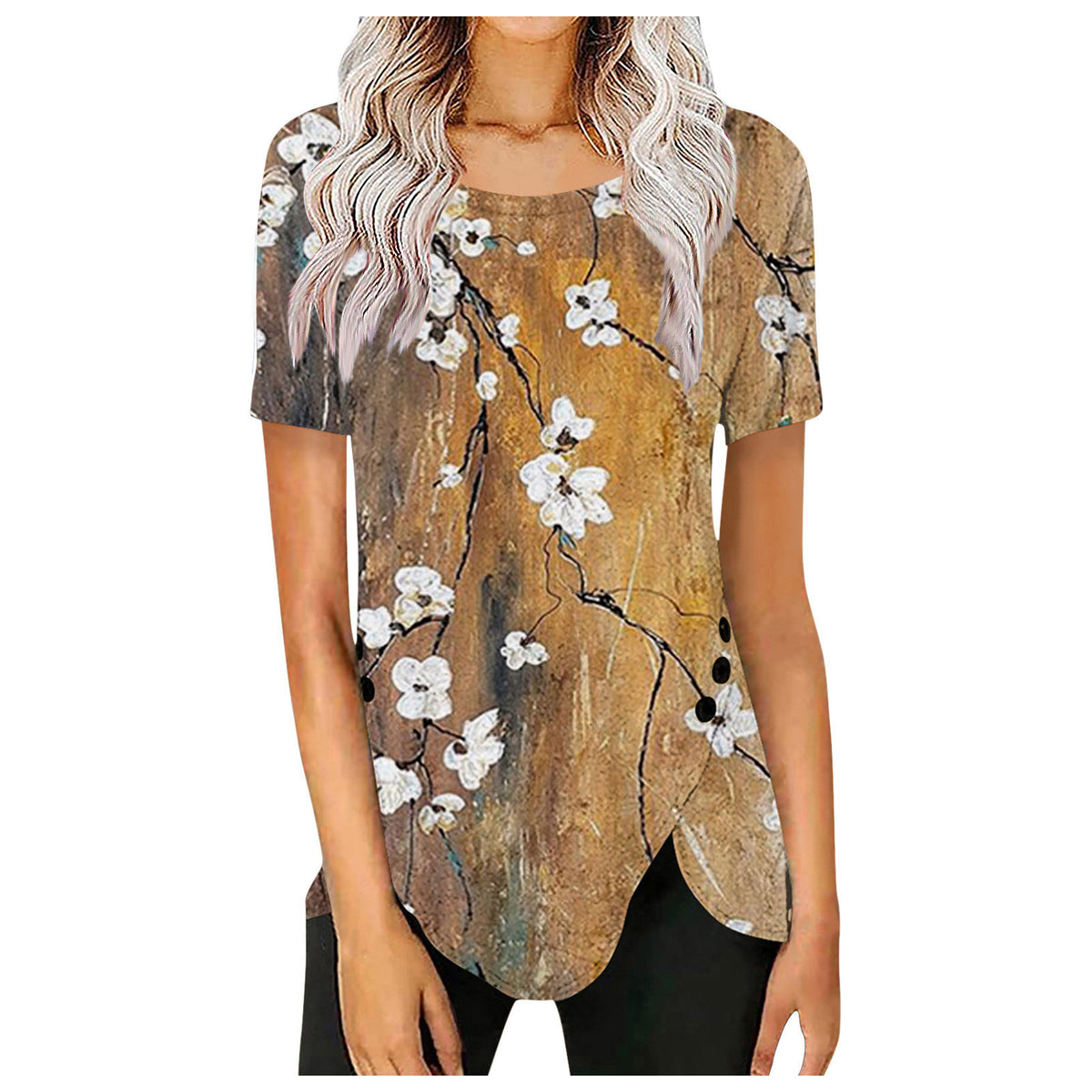 Women's Retro Button Gradient Printing Round Neck Shorts