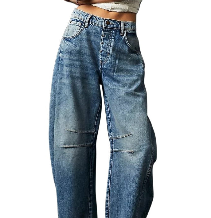 Women's Loose Waist Washed Denim Dark Blue Jeans
