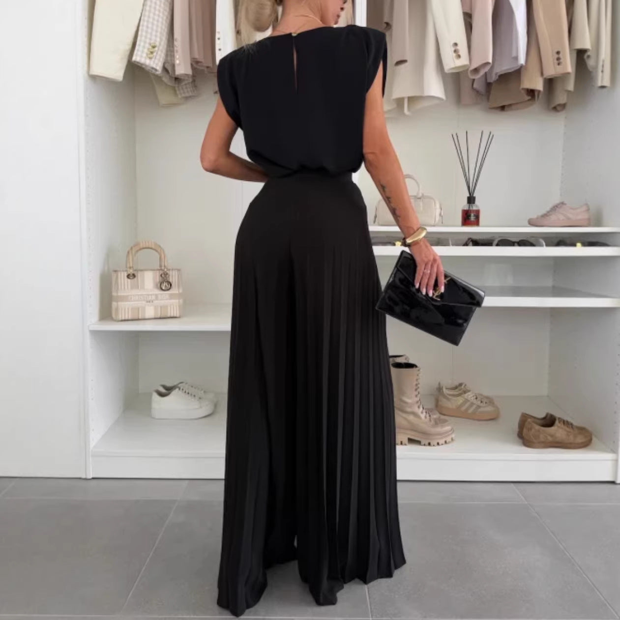 Women's Round Neck Sleeveless Wide Leg Two-piece Fashion Casual Suit