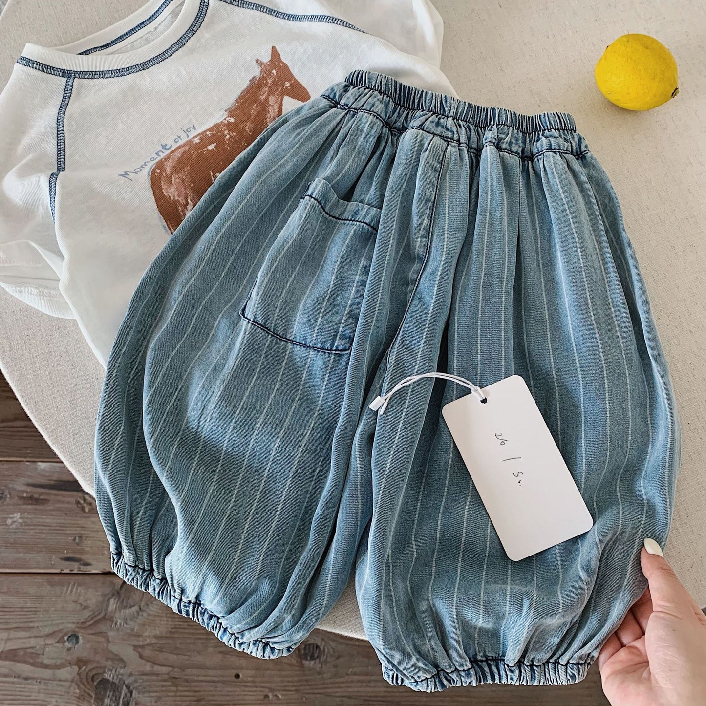 Children's Boy Vertical Stripe Denim Thin Loose Cropped Children's Pants