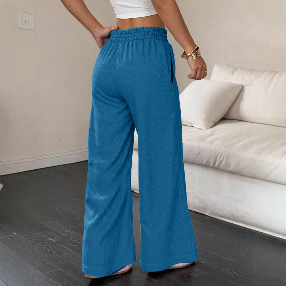 Women's Elastic High Waist Loose Pockets Trousers Casual Pants