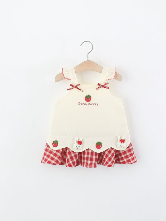 Children's Summer Sweet Cute Cartoon Strawberry Plaid Princess Children's Dress