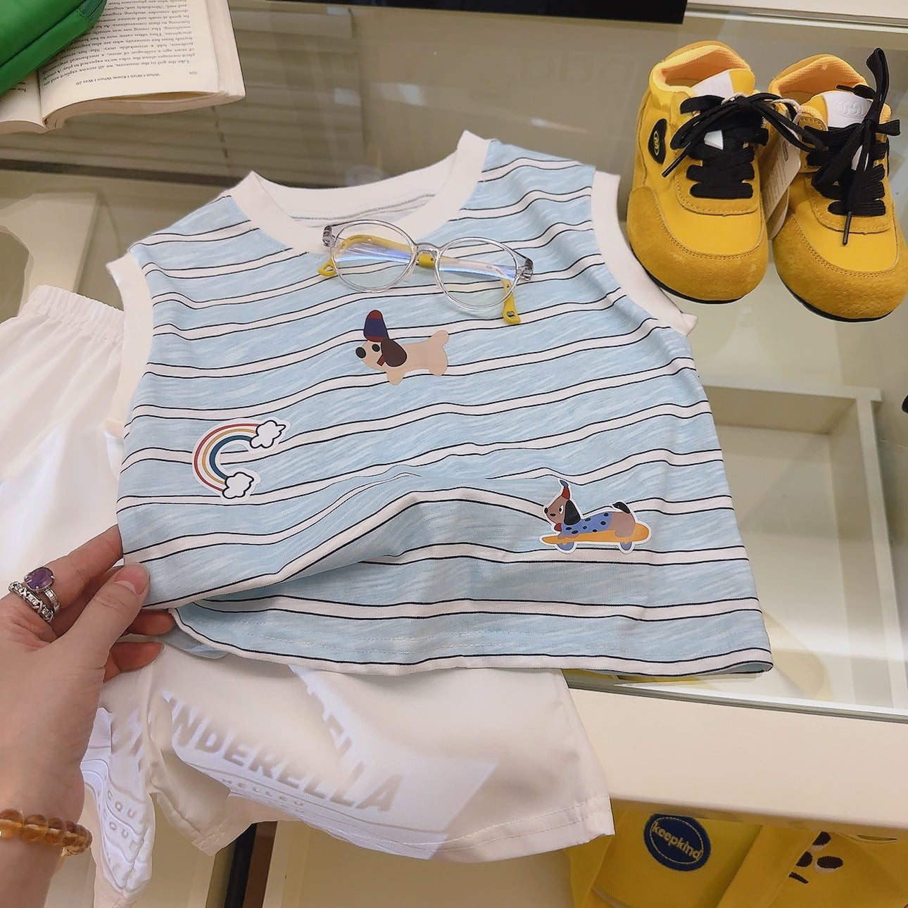 Children's Striped Vest Two-piece Set Cartoon Patch Puppy Boys Children's Suit