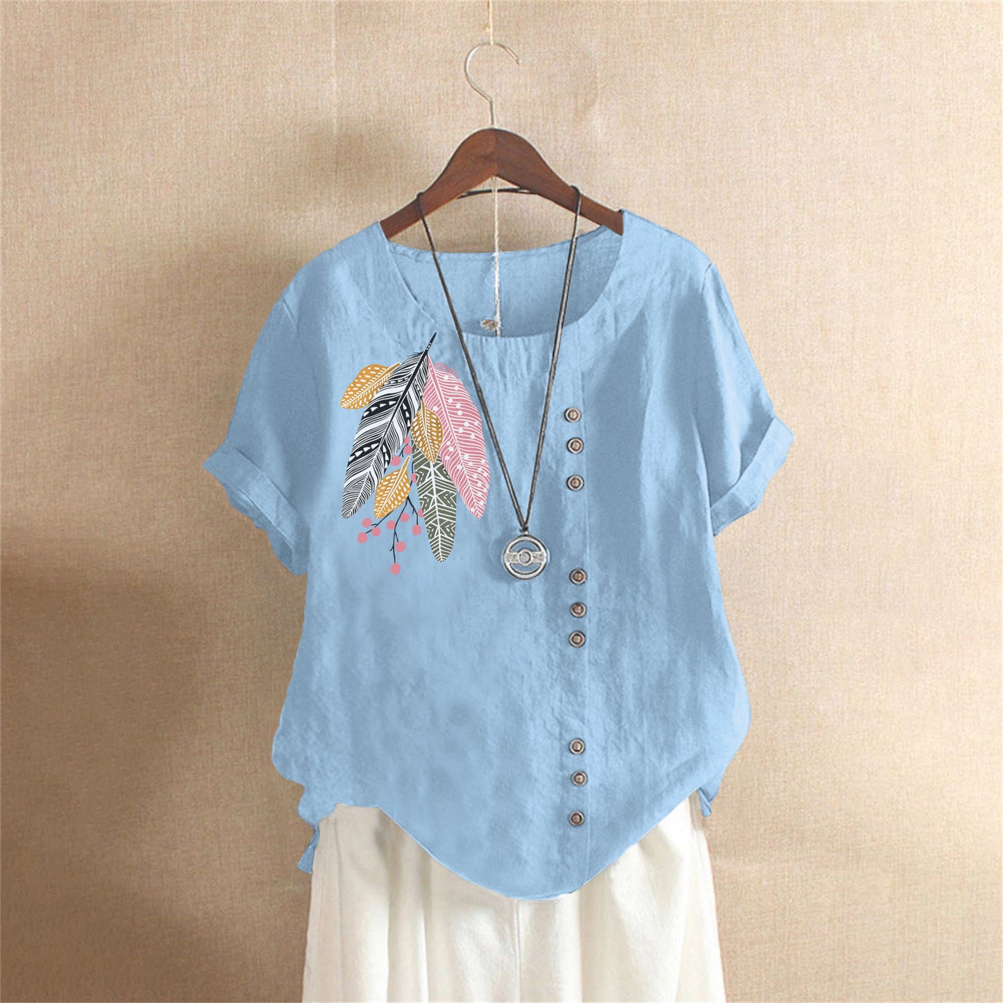 Women's Summer Retro Large Casual Loose Cotton Linen Sleeve Women's T-shirt
