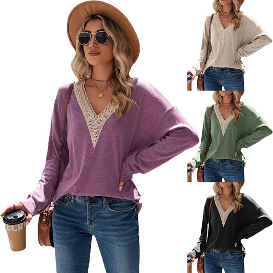 Long Sleeve Lace Solid Color Loose-fitting Sanding Women's T-shirt