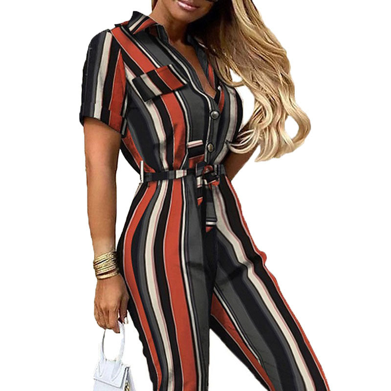 Women's Summer Trousers Lapel Button Printed Belt Casual Pants