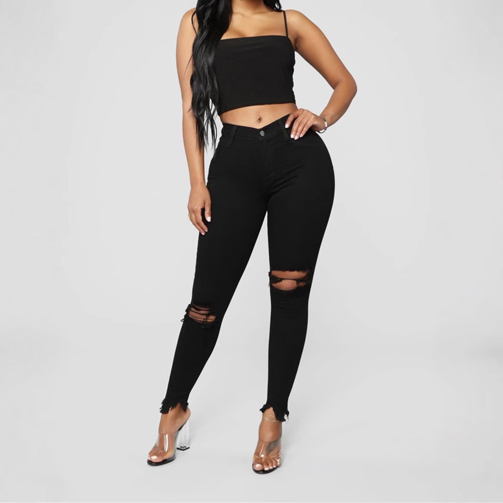 Women's Summer Solid Color Ripped Trousers Women's Jeans