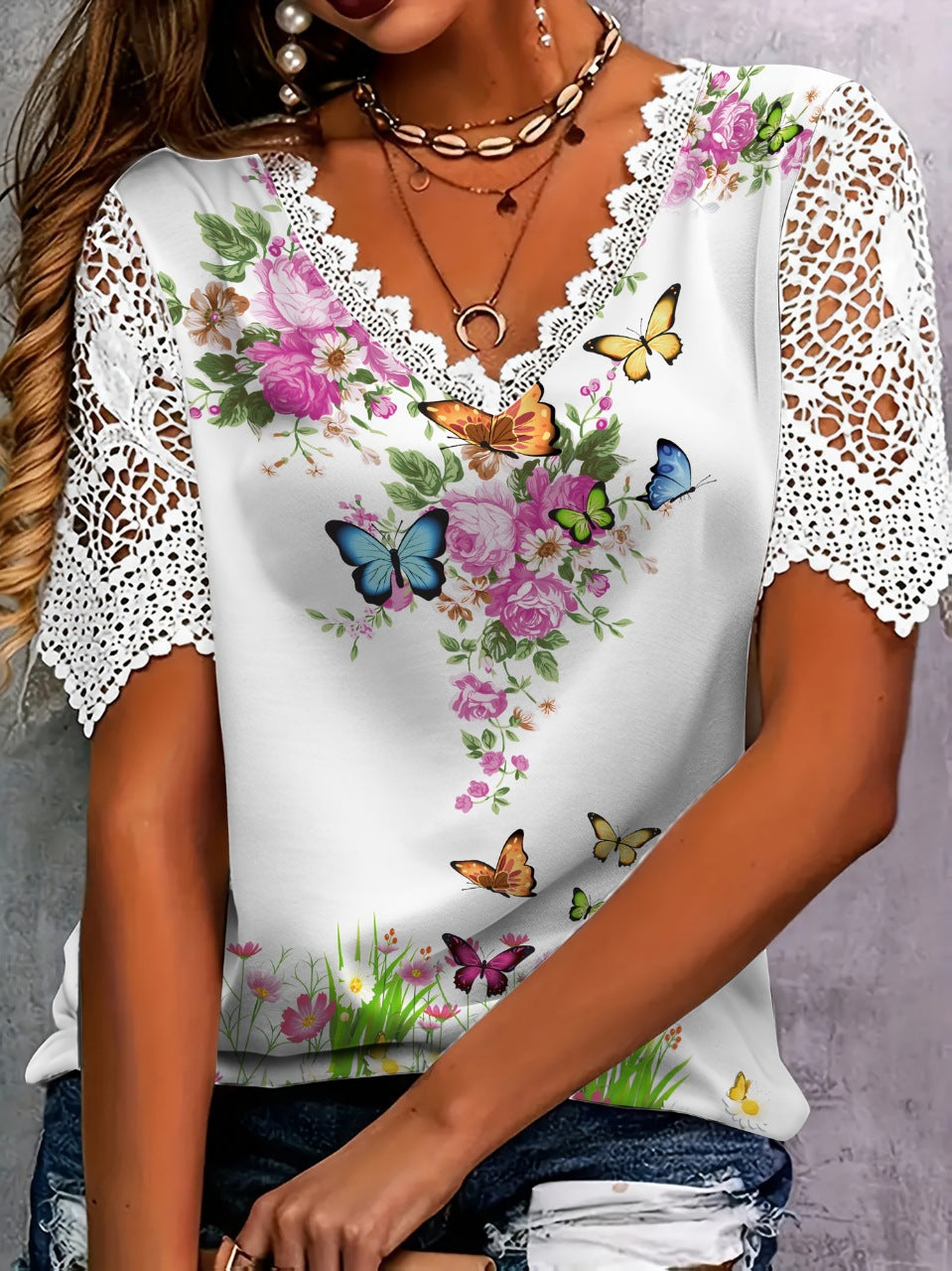 Women's Lace Stitching Fashion Printing Sleeve Female Tops