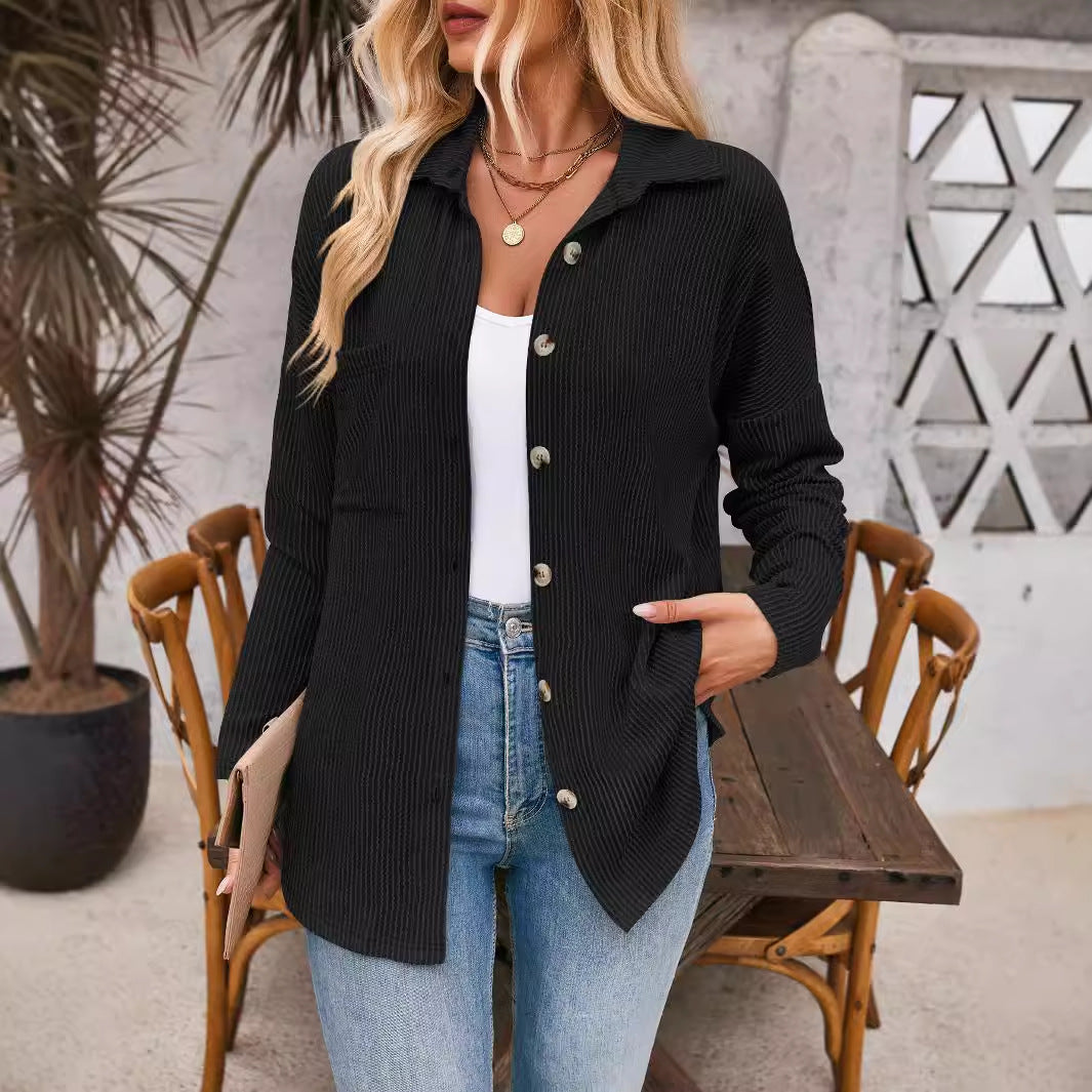 Striped Contrast Color Pocket Long Sleeve Blouse