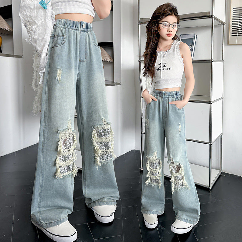 Children's Ripped Lace Jeans Straight Loose Slimming Children's Pants