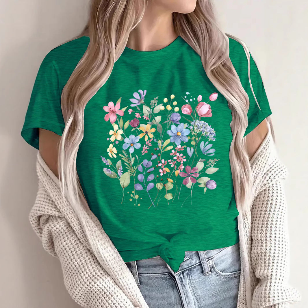 Women's Short-sleeved Floral Printed Summer Cotton Women's T-shirt