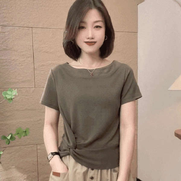 Women's Shirt Sleeve Pleated Solid Color Round Neck Fashion Wear Women's T-shirt