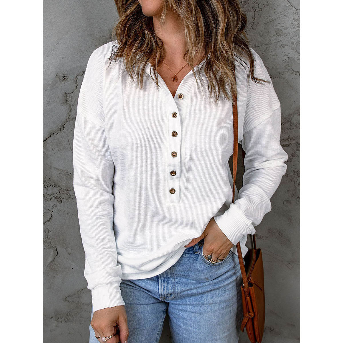Women's Solid Color Single-breasted Lapel Long Sleeve Loose Casual Women's T-shirt