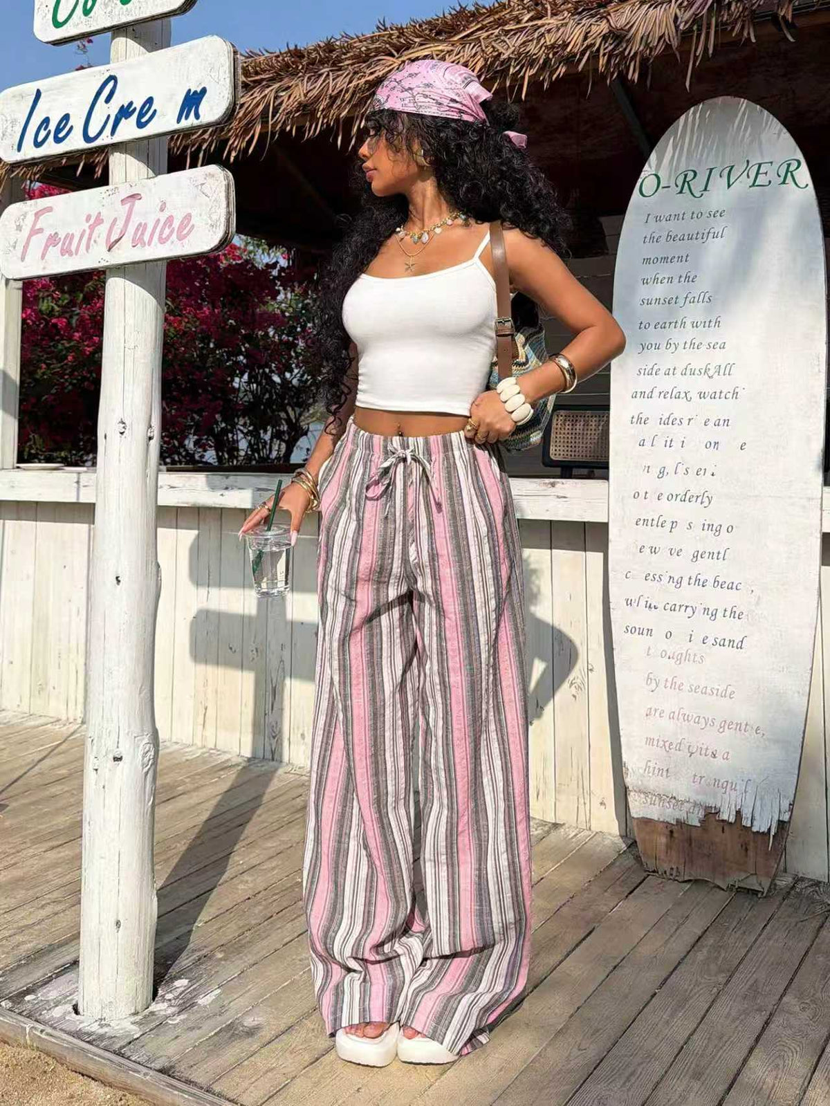 Striped Drawstring Elastic Waist Vacation Style Mop Wide Casual Pants
