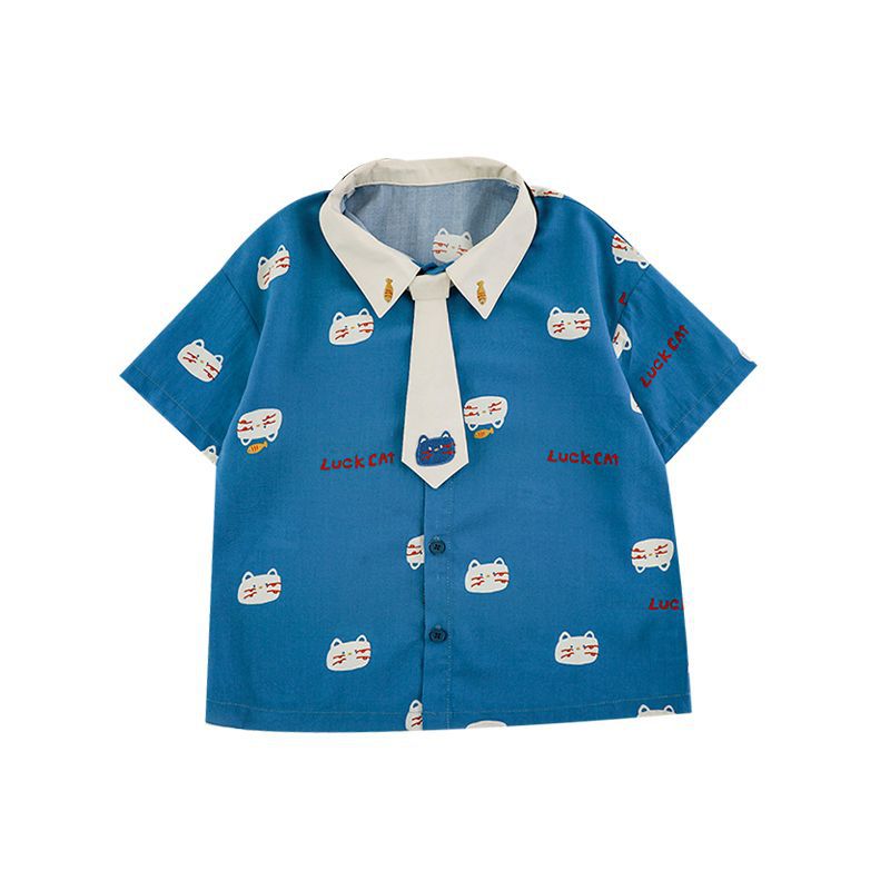 Cat Printing Short-sleeved Contrast Color Loose Shirt Cool Shorts Series Children's T-shirt