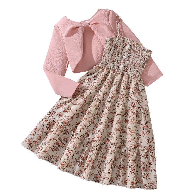 Children's Older Clothing Spring Sweet Floral Suspender Children's Suit