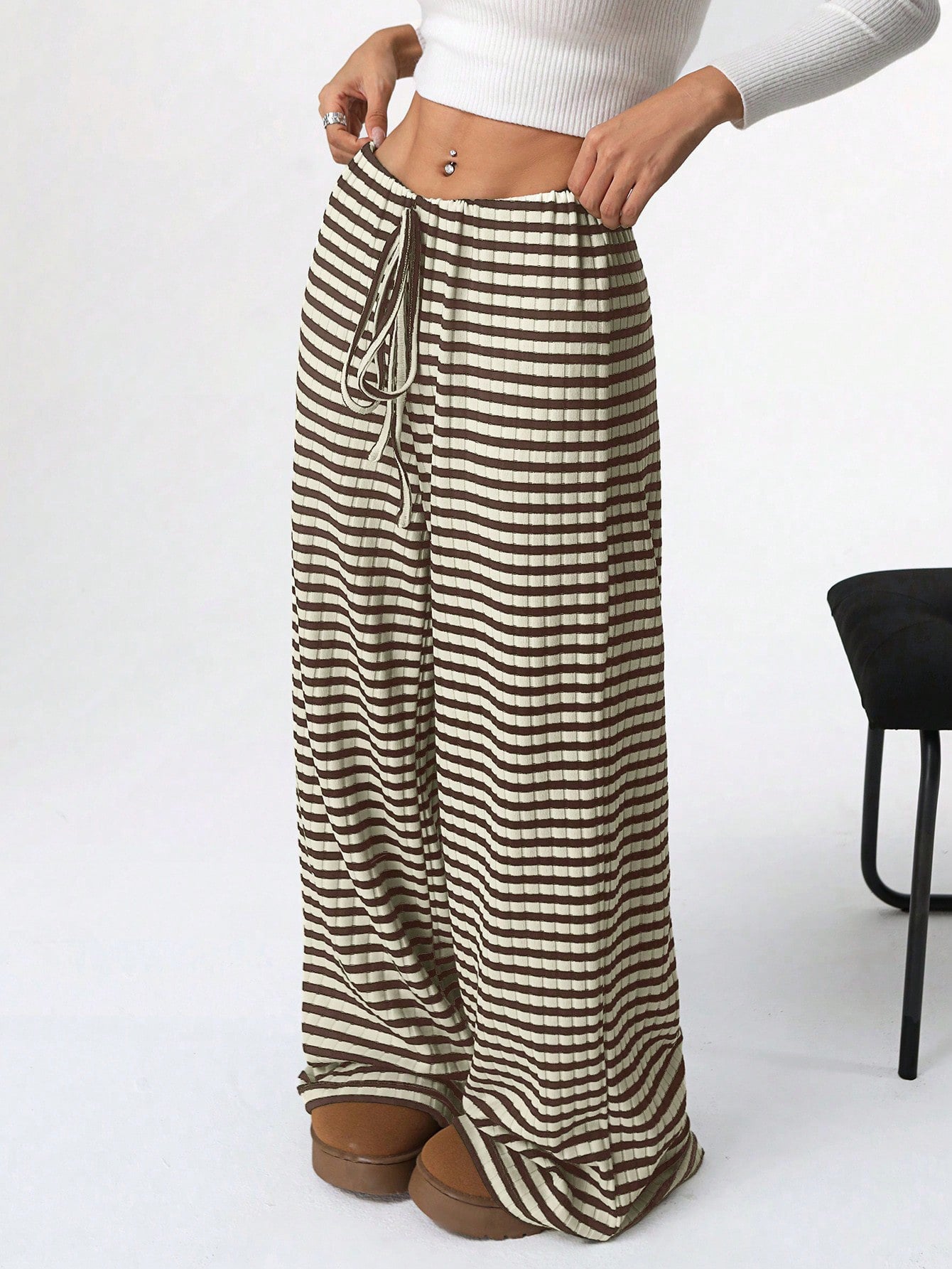 Women's Striped Solid Color Rubber Band Drawstring Casual Pants