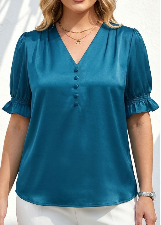 Women's Satin Puff Sleeve Shirt Mushroom Buckle Shorts