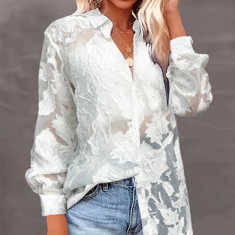 Women's Mesh Transparent Sleeve White Temperament Commute Elegant Comfortable Beachwear Fashion Blouse