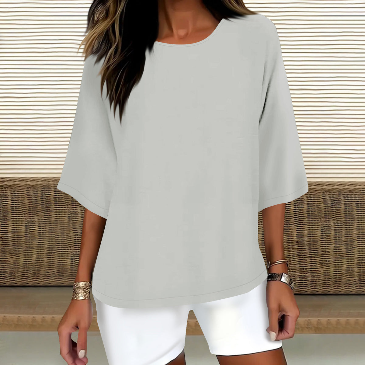 Women's Three-quarter Sleeve Round Neck Cotton Linen Blouse