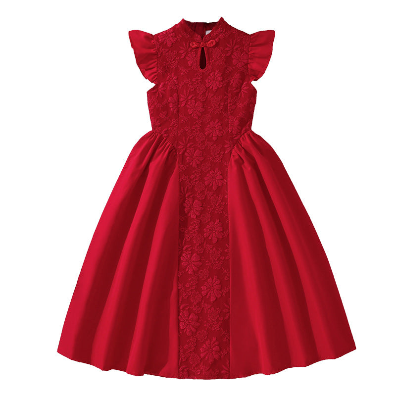 Children's Summer Red Chinese Embroidery Patchwork Princess Children's Dress