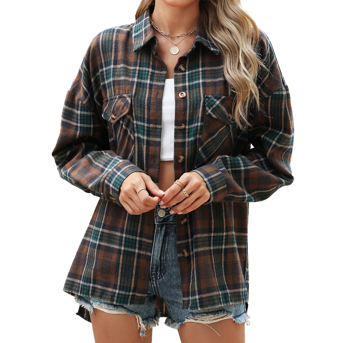 Women's Pocket Loose Long Sleeve Plaid Shirt Blouse