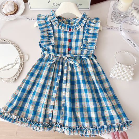 Plaid Vest Small Flounced Sleeve Summer Children's Dress
