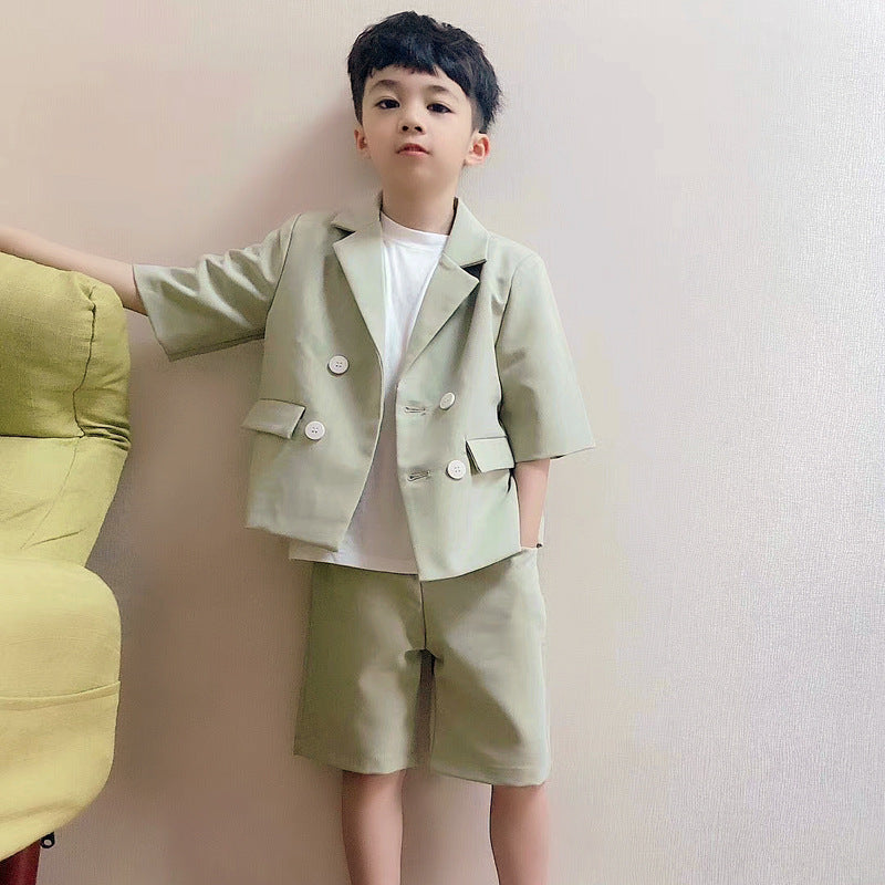 Children's Summer Short Sleeve Trendy Handsome British Dress Flower Catwalk Children's Suit