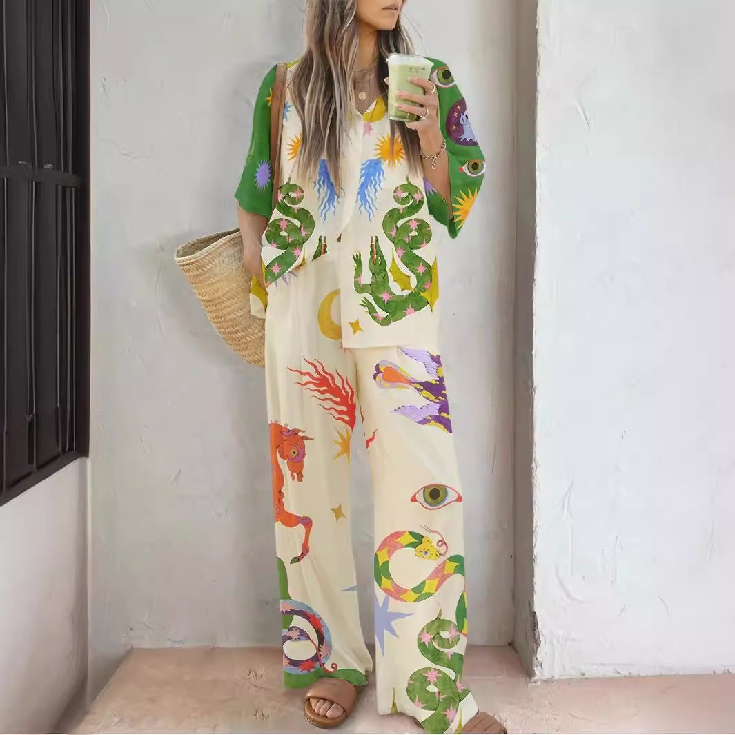 Women's Cartoon Printed Shirt Loose-fitting Trousers Set Fashion Casual Suit