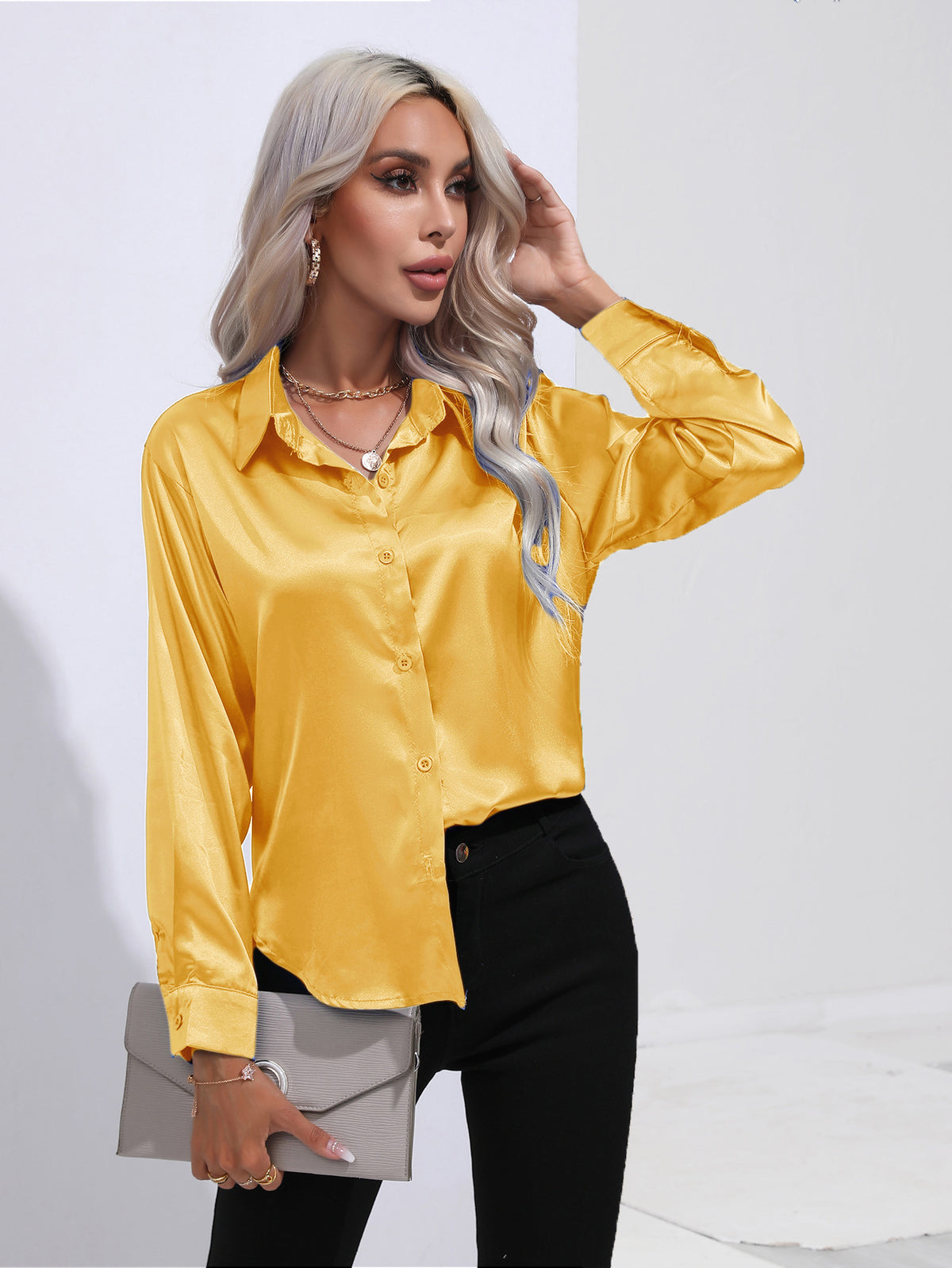 Glamorous Unique Women's Satin Shirt Long-sleeved Blouse