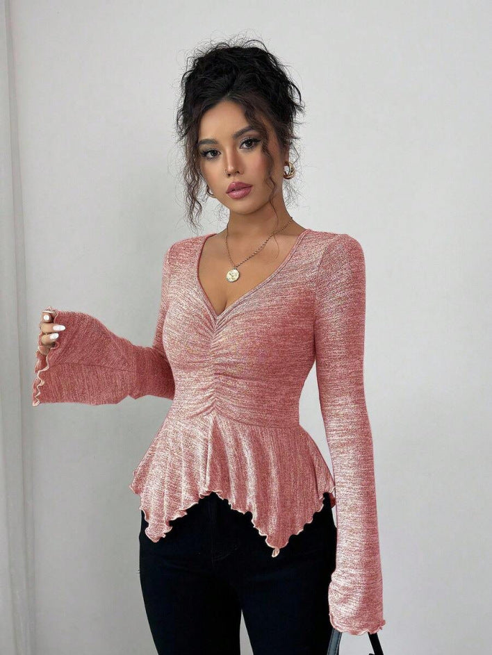 Women's Style Hem Flare Sleeve Ruffled Decoration Fashionable Elegant Romantic Vacation Women's T-shirt
