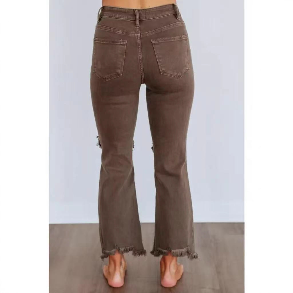 Women's Retro High Waist Skinny Knee Ripped Frayed Washed Street Women's Jeans