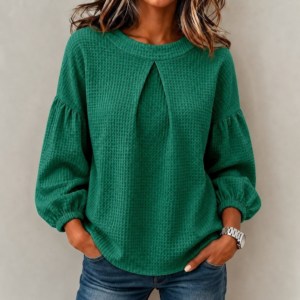 Women's Patchwork Puff Sleeve Waffle Round Neck Solid Color Tops