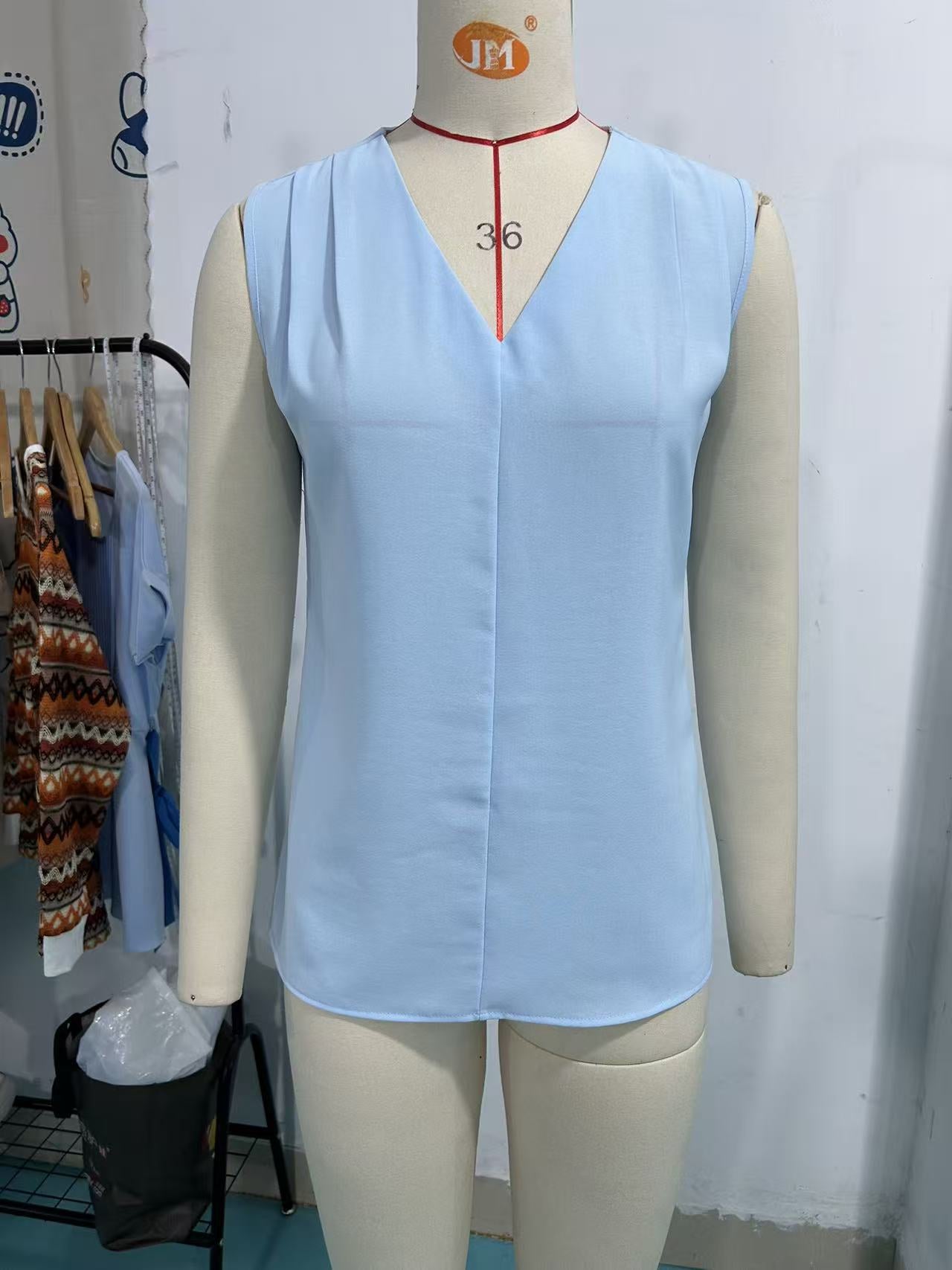 Summer Solid Color Loose Pleated Sleeveless Lace Shirt, Chiffon Shirt