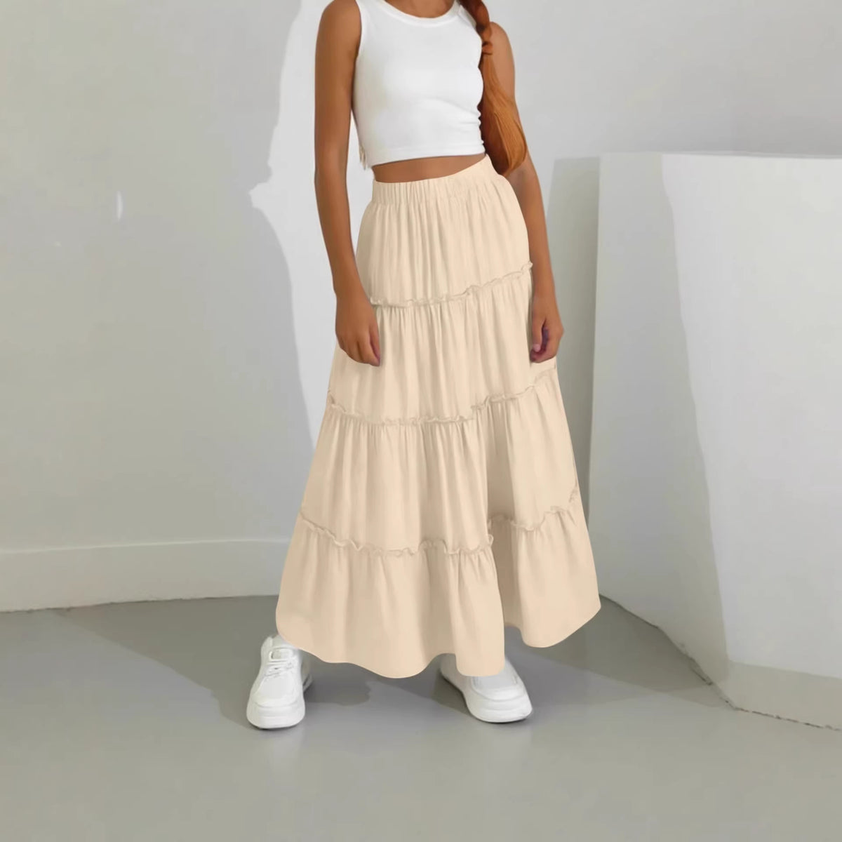 Women's Pleated Long A- Line Double Rounds Lined Skirt
