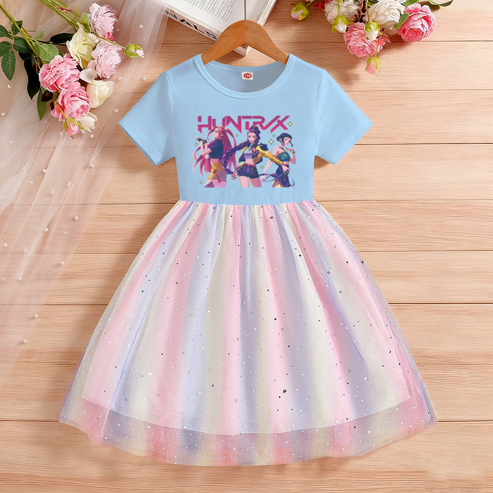 Children's Short Sleeve Clothing Gauze Rainbow Princess Skirt Children's Dress