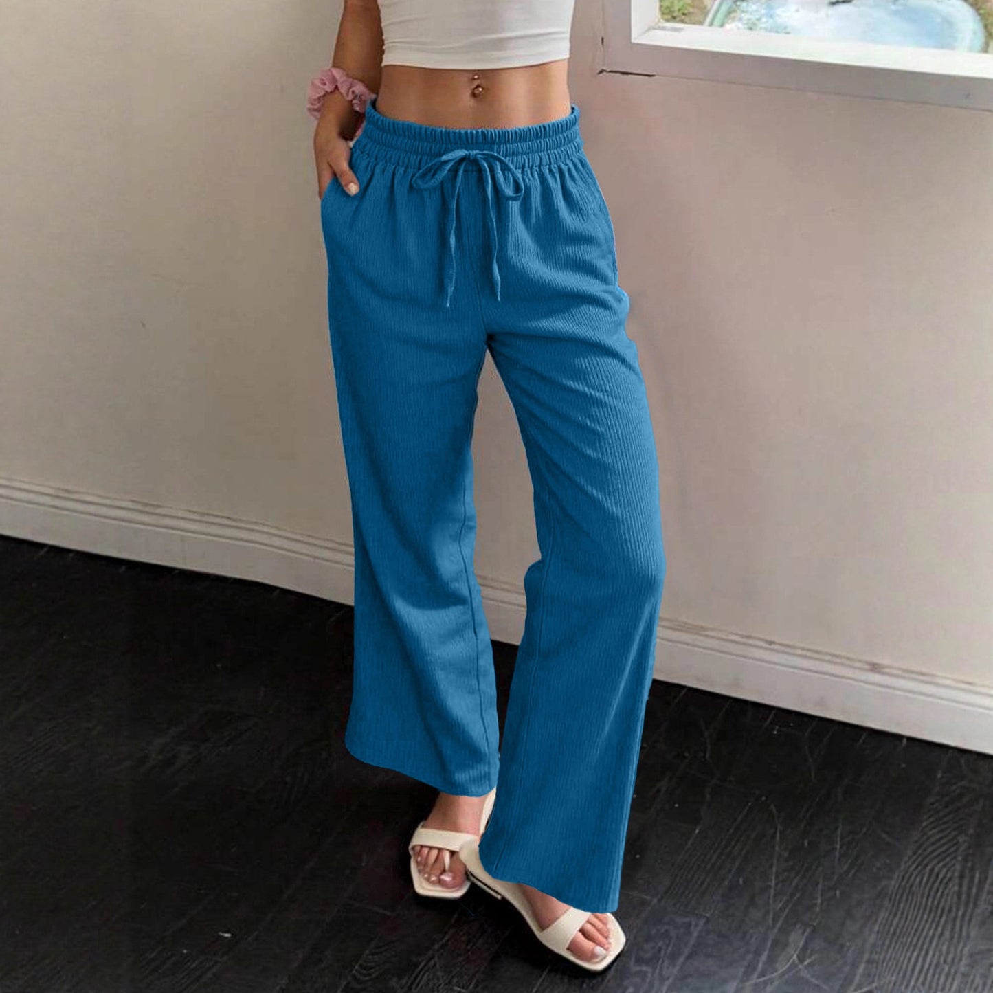 Women's Elastic High Waist Loose Pockets Trousers Casual Pants