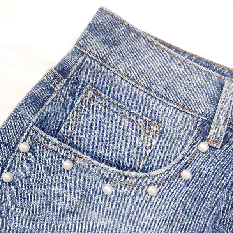 Wind Pearl Wide Leg Retro Gradient Washed Side Rivets Women's Jeans