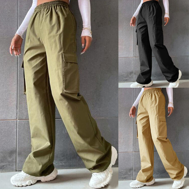 Women's Solid Color High Waist Flip Pocket Casual Pants