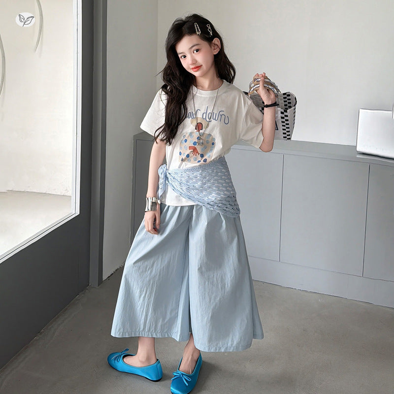 Fishnet Shawl Summer Middle Big Cartoon Printed Children's Suit