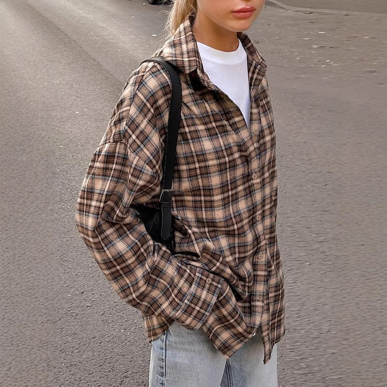 Women's Retro Plaid Shirt Long Design Base Blouse